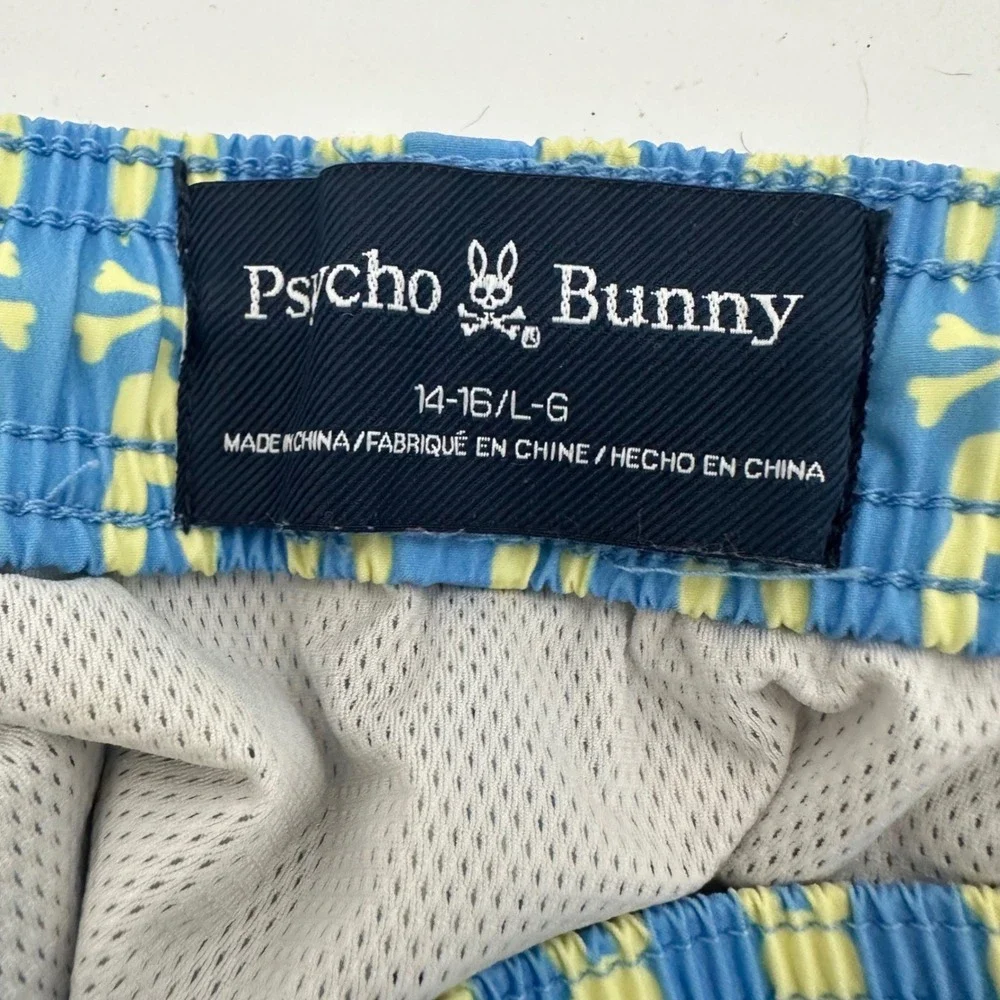 Psycho Bunny Kids Barker‎ Swim Trunks Blue Yellow Bunny Skull Print Size 14-16